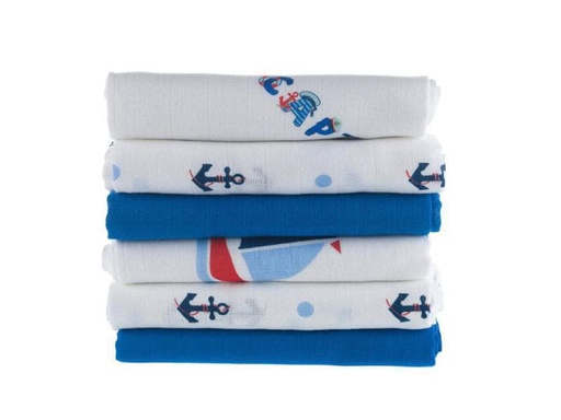[90155453 974436] MAKIAN Mulltuch 6-er Set 80 x 80 cm Blau und Weiss Captain