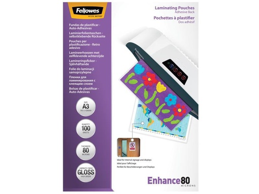 [90017209 916445] Fellowes Laminierfolie A3, 80 µm, 100 Stück, Glänzend, Selbstklebend