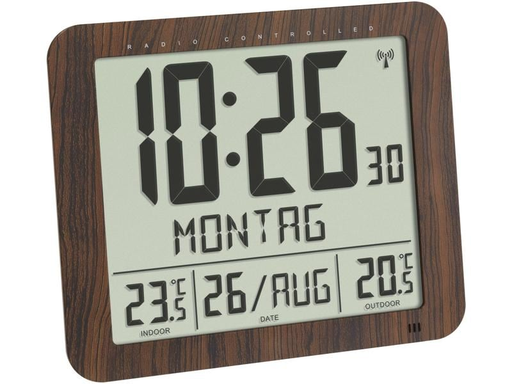 [90017874 1212648] TFA Dostmann Funkuhr Digital in Holzoptik mit Temperaturalarm