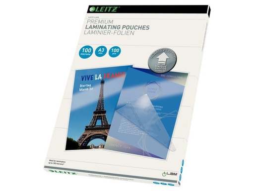 [90020235 627346] Leitz Laminierfolie Premium A3, 100 µm, 100 Stück, Glänzend