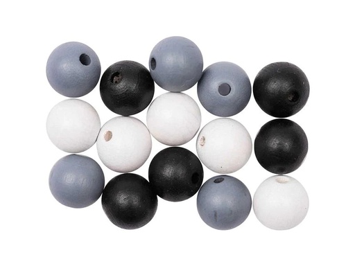 [90020811 1193001] Rico Design Holzperlen Gebohrt 12 mm Schwarz-Weiss-Grau, 15 Stück