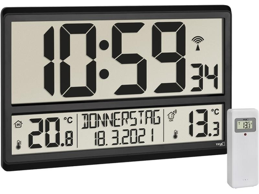 [90173345 1212650] TFA Dostmann Funk-Wanduhr XL mit Aussen- und Innentemperatur Schwarz