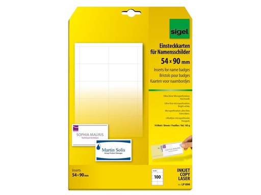[90175696 1219670] Sigel Namensschild 5.4 x 9 cm, 10 Blatt, 185 g, Weiss