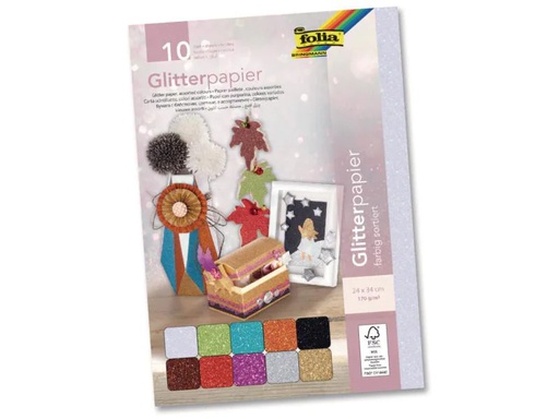 [90025902 599709] Folia Glitzerkarton 24 x 34 cm, 170 g/m², 10 Blatt, Mehrfarbig