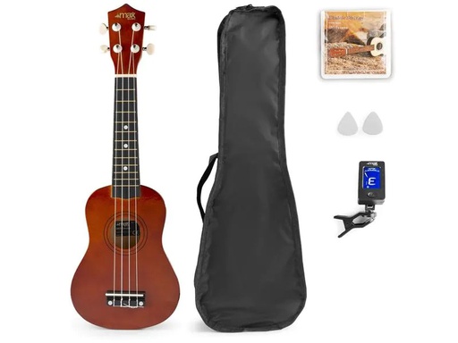 [90180234 1226989] MAX Ukulele UKEY Set Soprano Dunkel Natur 21 Zoll