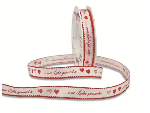 [90186823 1256440] Pattberg Geschenkband Mit Liebe gemacht 1.5 cm x 20 m, Rot/Weiss