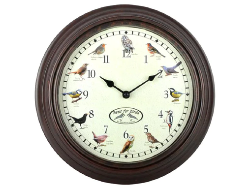 [90188903 1248788] Esschert Design Wanduhr mit Vogelrufen Ø 30.1 cm, Braun/Weiss