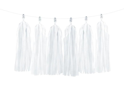 [90203092 1279950] Partydeco Girlande Quasten 1.5 m, 12 Pompons, Weiss