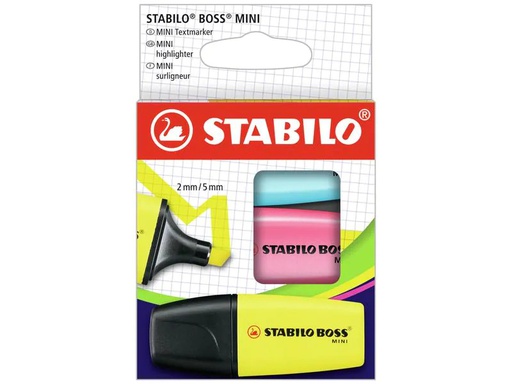 [90210841 1302370] STABILO Textmarker Boss Mini 3 Stück, Blau/Gelb/Pink, Kartonetui