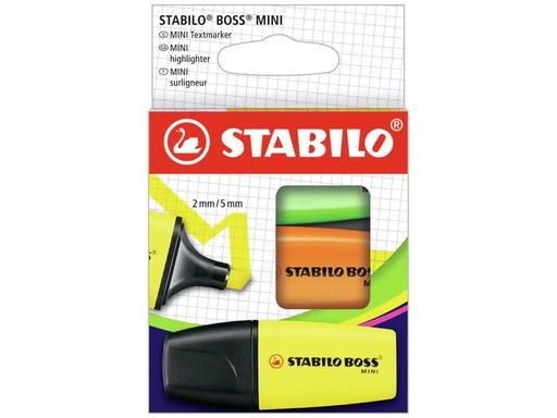 [90210843 1302371] STABILO Textmarker Boss Mini 3 Stück, Gelb/Grün/Orange, Kartonetui