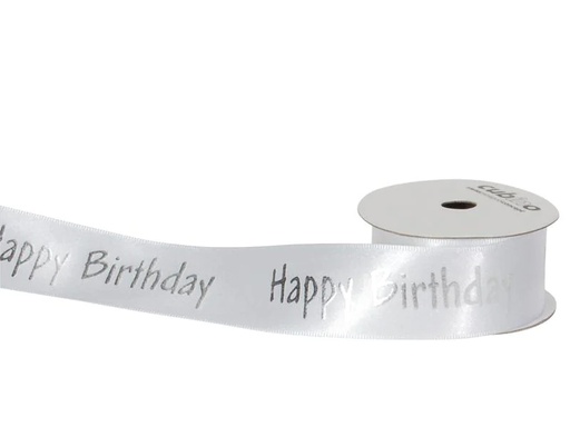 [90034514 1122386] Spyk Geschenkband Cubino Happy Birthday 25 mm x 3 m, Silber/Weiss