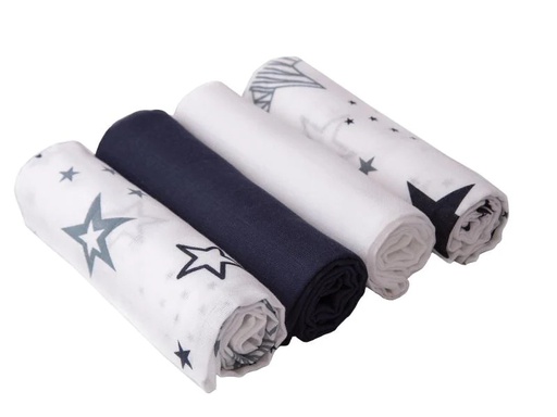 [90036379 974441] MAKIAN Mulltuch 4-er Set 80 x 80 cm Marine und Weiss Sterne