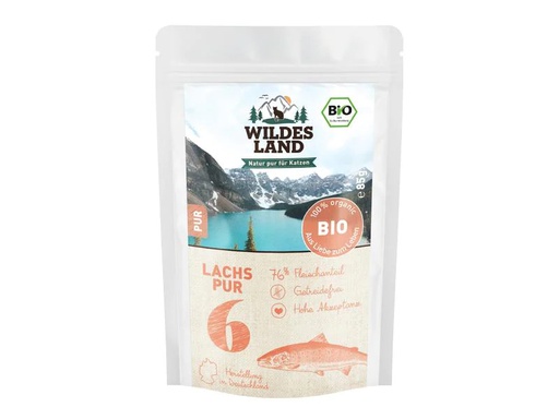 [90224288 1349980] Wildes Land Nassfutter Adult BIO Lachs PUR m. Lachsöl 12 x 85 g