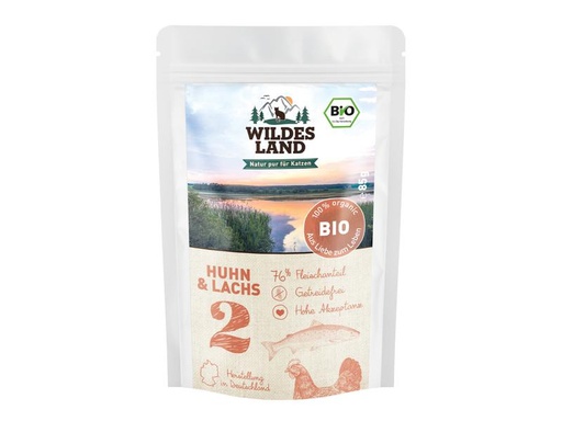 [90224604 1349977] Wildes Land Nassfutter Adult BIO Huhn &amp; Lachs 12 x 85 g