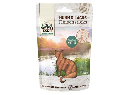 [90224607 1349877] Wildes Land Katzen-Snack Huhn &amp; Lachs Sticks 50 g