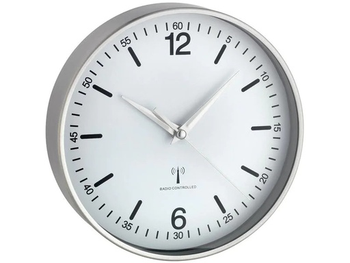 [90224977 1348949] TFA Dostmann Funk-Wanduhr mit Aluminium-Rahmen 19.5 cm, Silber/Weiss