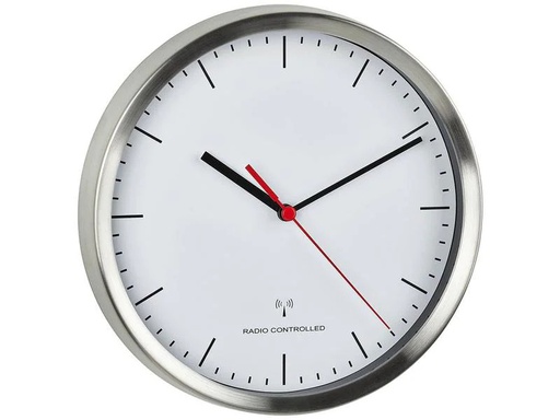 [90224993 1348950] TFA Dostmann Funk-Wanduhr mit Edelstahl-Rahmen Ø 22 cm, Silber/Weiss