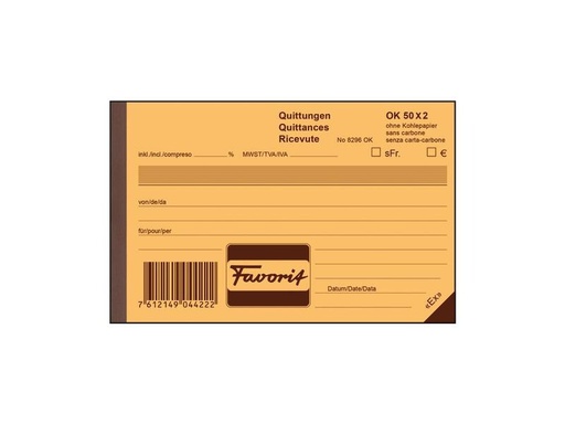 [90248213 1392149] Favorit Durchschreibebuch A6 Quittungen, D/F/I, 50 x 2 Blatt