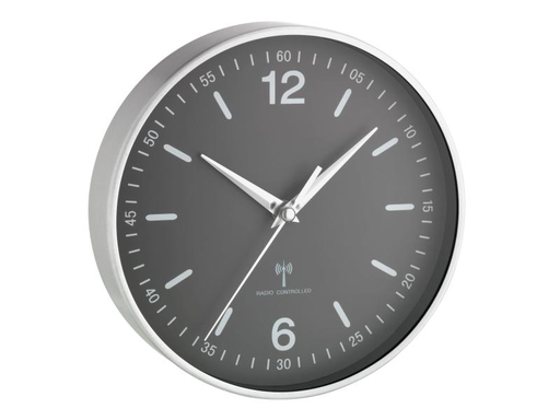 [90044170 149790] TFA Dostmann Funk-Wanduhr mit Aluminium-Rahmen 19.5 cm, Schwarz/Silber