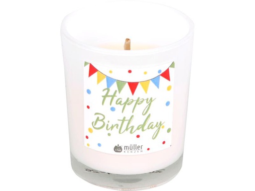 [90255404 1429306] müller Kerzen Kerze im Glas «Happy Birthday» 6.5 x 5.5 cm, Weiss