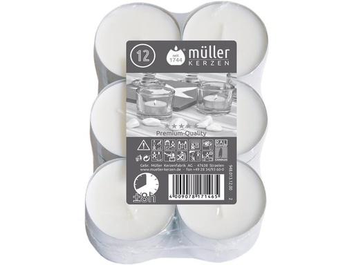 [90255447 1429329] müller Kerzen Teelichter in Aluhülse 5.5 x 2.2 cm, Weiss, 12 Stück