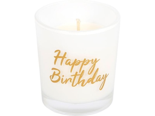 [90255527 1429307] müller Kerzen Kerze im Glas «Happy Birthday» 6.5 x 5.5 cm, Weiss