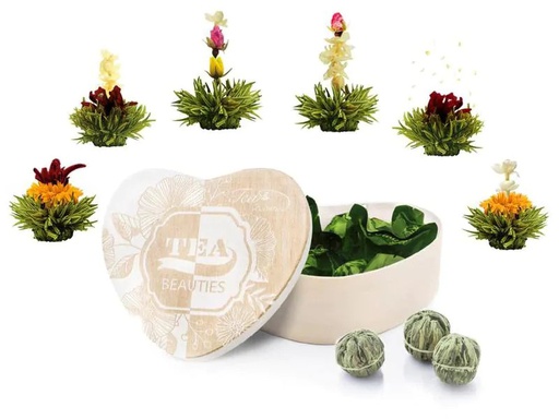 [90267292 1477345] Creano Erblühtee Kugeln Mix grüner Tee 6er Holzherzbox