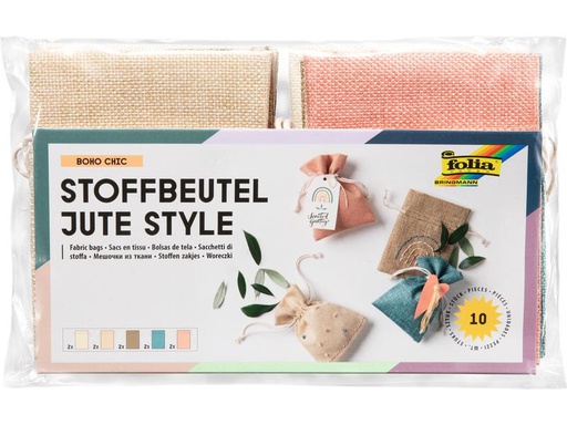 [90284428 1498796] Folia Geschenktasche Jute Style Boho Chic 10 Stück, Mehrfarbig