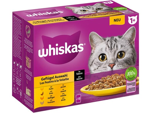 [90288330 1532229] Whiskas Nassfutter Geflügel Auswahl in Sauce 1+, 12 x 85 g