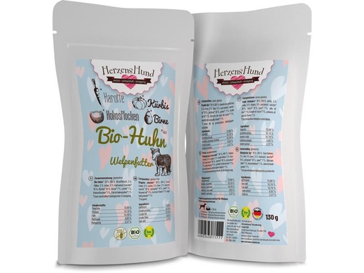 [90290968 1539716] HerzensHund Nassfutter Welpe Bio-Huhn mit Bio-Karotte, 130 g