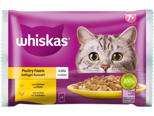 [90312185 1603698] Whiskas Nassfutter Geflügel Auswahl in Gelee 7+, 4 x 85g