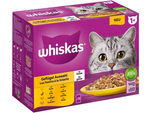 [90312350 1603697] Whiskas Nassfutter Geflügel Auswahl in Gelee 1+, 12 x 85g