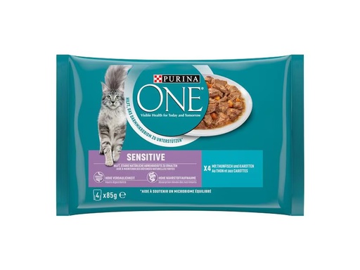 [90319064 1627287] Purina ONE Nassfutter SENSITIVE in Sauce Thunfisch/Karotten, 4 x 85g
