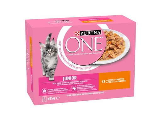 [90319220 1627290] Purina ONE Nassfutter JUNIOR in Sauce Huhn/Karotten, 8 x 85g