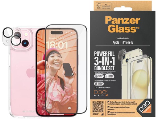 [90319637 1636796] Panzerglass 3-in-1 Bundle iPhone 15
