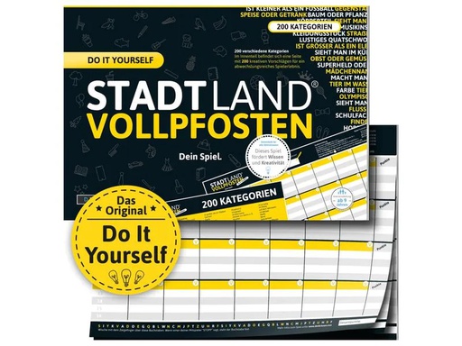 [90052076 1167776] Denkriesen Partyspiel STADT LAND VOLLPFOSTEN – Do It Yourself