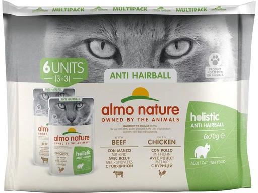 [90321919 1627345] Almo Nature Nassfutter Holistic Anti Hairball mit Rind &amp; Huhn, 6 x 70 g
