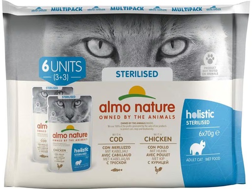 [90322085 1627342] Almo Nature Nassfutter Holistic Sterilised mit Kabeljau &amp; Huhn, 6 x 70 g