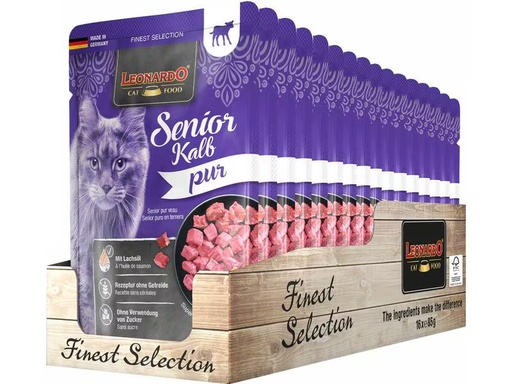 [90325304 1650689] Leonardo Cat Food Nassfutter Senior Kalb Pur, 16 x 85 g
