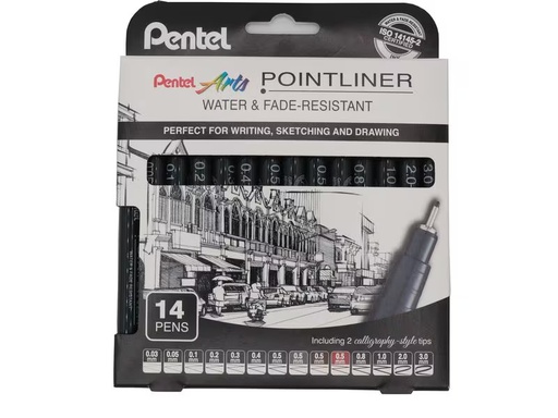 [90336471 1684296] pentel Fineliner Pigment Pointliner Schwarz, 14er Set
