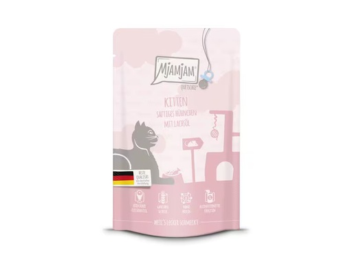 [90340683 1632332] Mjamjam Nassfutter Quetschie Kitten Huhn mit Lachsöl, 125 g
