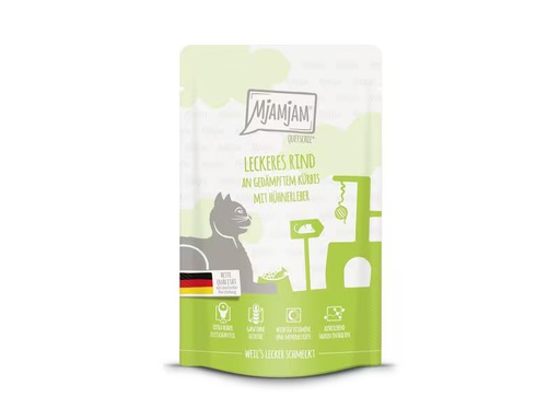 [90344768 1632329] Mjamjam Nassfutter Quetschie Rind &amp; Kürbis, 125 g