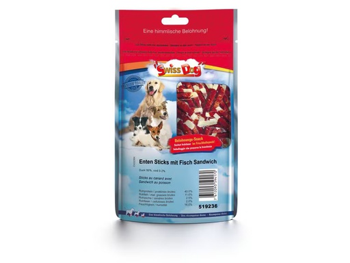 [90346463 1698047] SwissDog Kausnack Enten Stick mit Fisch Sandwich 100 g