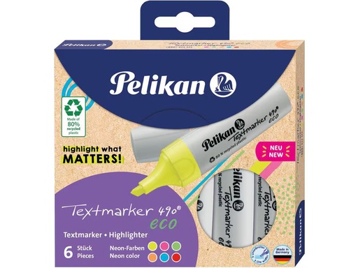 [90349415 1689993] Pelikan Textmarker 490 eco Set 6 Stück, Mehrfarbig