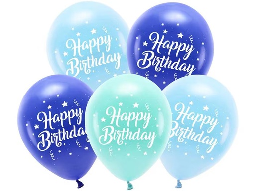 [90351502 1706075] Partydeco Luftballon Happy Birthday Ø 26 cm, 5 Stück, Blau