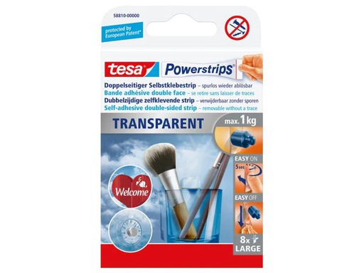[90058886 338999] tesa Selbstklebestrip Powerstrips 8 Stück, Transparent, 1 kg