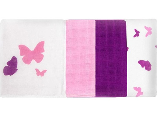 [90076478 974439] MAKIAN Mulltuch 4-er Set 80 x 80 cm Rosa/Rot Schmetterling
