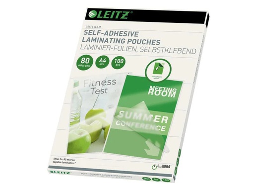 [90077083 627368] Leitz Laminierfolie A4, 80 µm, 100 Stück, Glänzend, Selbstklebend