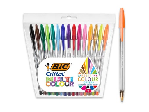 [90080391 912314] BIC Kugelschreiber Cristal Set 0.3 mm, Mehrfarbig, 15 Stück