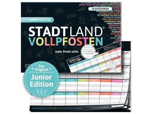 [90086450 1167770] Denkriesen Partyspiel STADT LAND VOLLPFOSTEN – Junior Edition